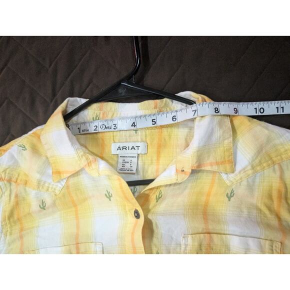 Yellow & white plaid cotton collared button up Western style shirt by Ariat, S - Picture 7 of 9